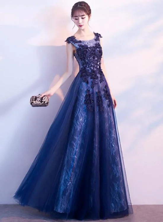 Beautiful A-line Tulle Long Party Dress with Lace Applique, Long Evening Dresses Formal Dress Tunics Solid Classic