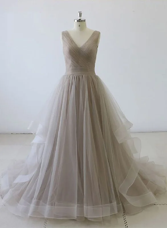 Beautiful A Line V Neck Gray Long Prom Dress, Evening Dresses with Ruffles Crew Neckline Sporty Beautiful A Line V Neck Gray Long Prom Dress, Evening Dresses with Ruffles Crew Neckline Sporty