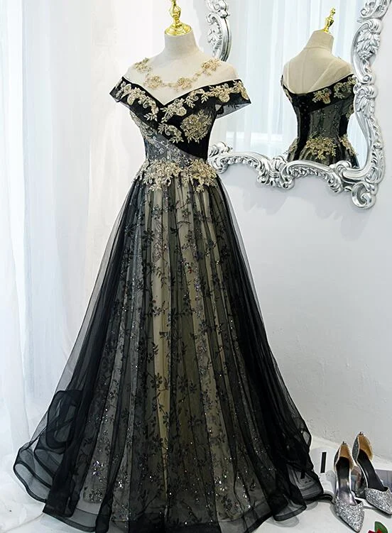 Beautiful Black Off Shoulder A-line Party Dress with Gold Lace, Black Evening Dresses Prom Dress A-Line Day Work
