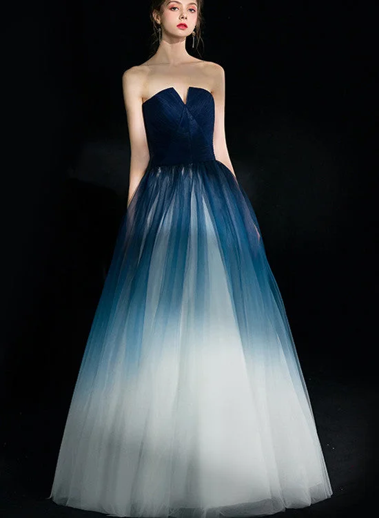 Beautiful Blue Gradient Tulle Formal Dress, Floor Length Blue and White Party Dress Off-the-shoulder Bohemian Festive