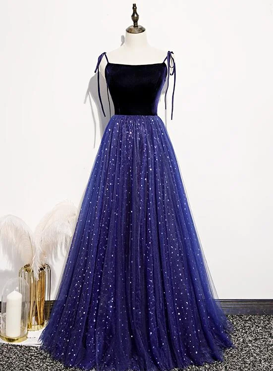 Beautiful Blue Velvet Straps Tulle Long Formal Dress, Blue Bridesmaid Dress Evening Dresses Tunics Exclusive limited