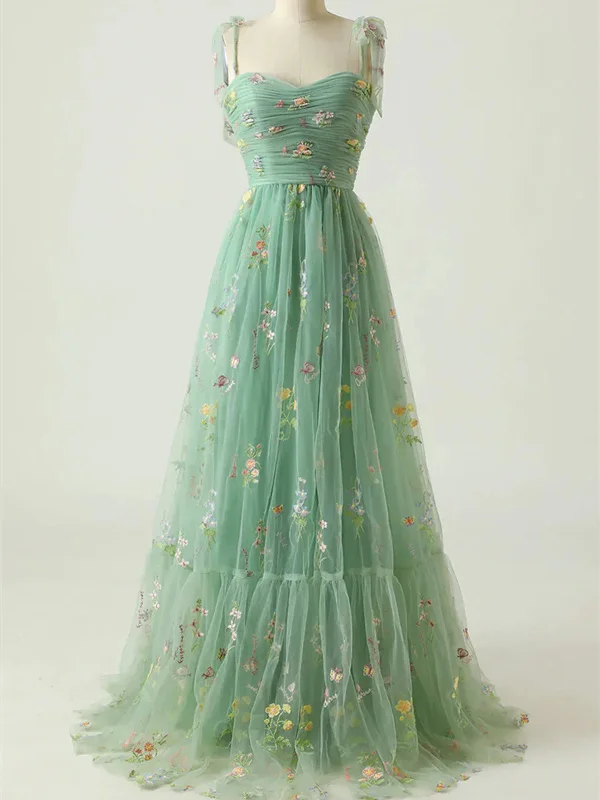 Beautiful Green Floral Tulle Long Prom Dresses， Sweetheart Neck Green Tulle Long Formal Evening Dresses with Appliques Tunics Party sparkling