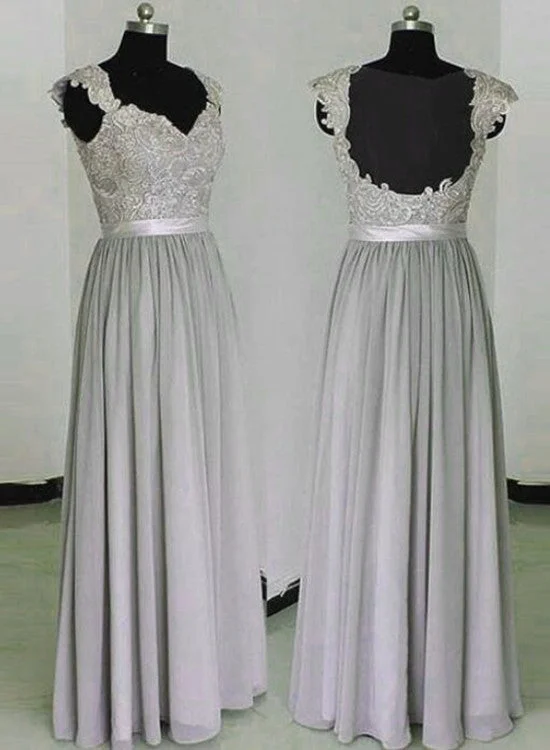 Beautiful Grey Lace and Chiffon Sheer Back Long Bridesmaid Dress, Long Party Dress Tunics Occasion special