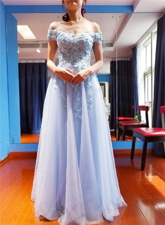 Beautiful Light Blue Off Shoulder Tulle A-line Long Party Dress, Floor Length Senior Prom Dress Tunics Print Colorful