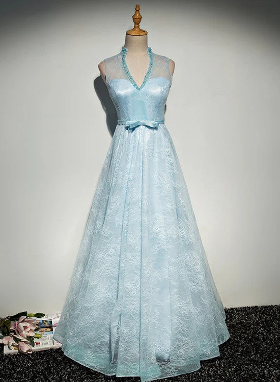 Beautiful Light Blue V-neckline Prom Dresses, Lace Party Dresses , Long Formal Gowns Tunics Cozy soft