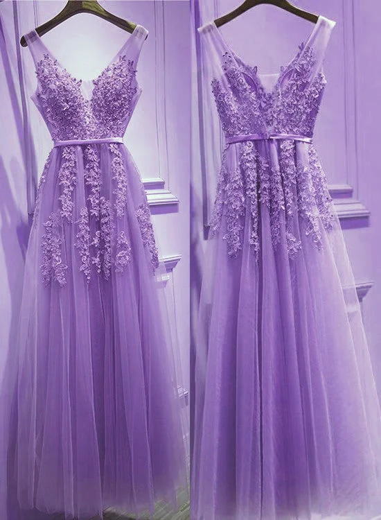 Beautiful Light Purple Tulle V-neckline Party Dress , Tulle Formal Gowns Tunics Mesh breathable