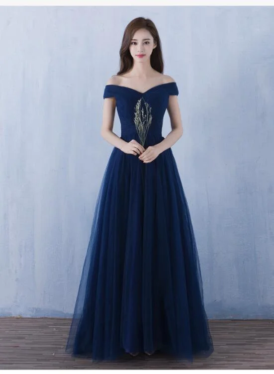 Beautiful Navy Blue Off Shoulder Tulle Formal Dress, Lovely Party Dresses Tunics Formal black