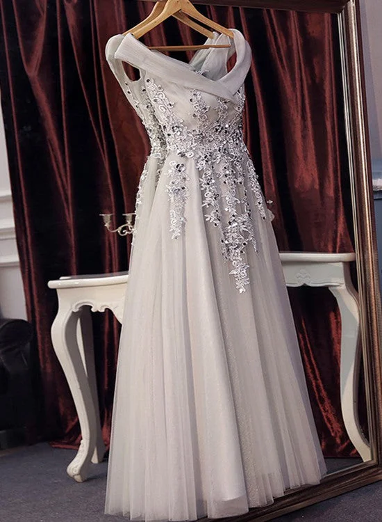 Beautiful Off Shoulder Grey V-neckline Prom Dress with Lace Applique, Grey Party Dresses A-Line Day Work