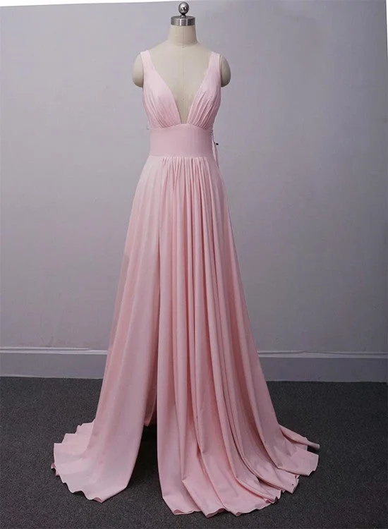 Beautiful Pink Sexy Deep V Neck Long Bridesmaid Dress with Straps, Pink Evening Dresses Tunics Brand named