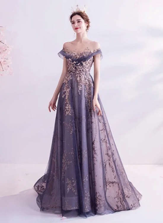 Beautiful Purple Lace and Tulle Long Evening Dress Prom Dress, A-line Tulle Formal Dress Tunics Practical durable