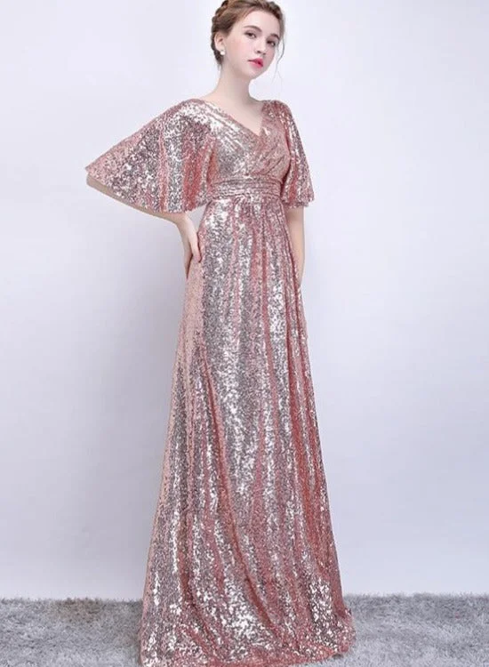 Beautiful Rose Gold Sequins Long Bridedsmaid Dresses, A-line Sequins Party Dress Tunics Occasion special