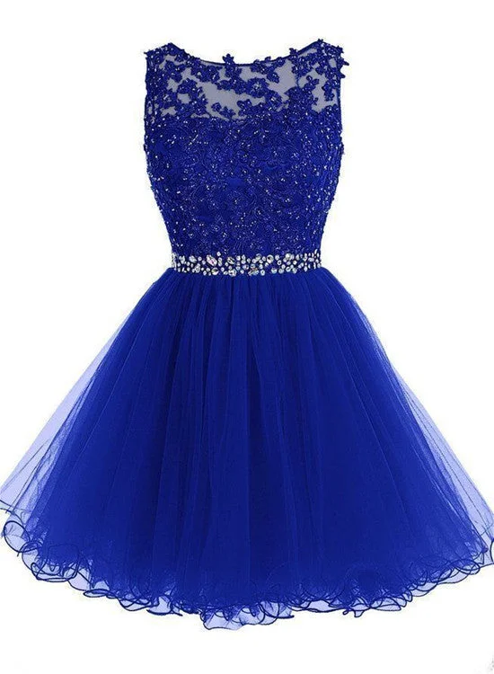 Beautiful Royal Blue Tulle Beaded Short Party Dress, Charming Formal Dresses Off-the-shoulder Chic Trendy