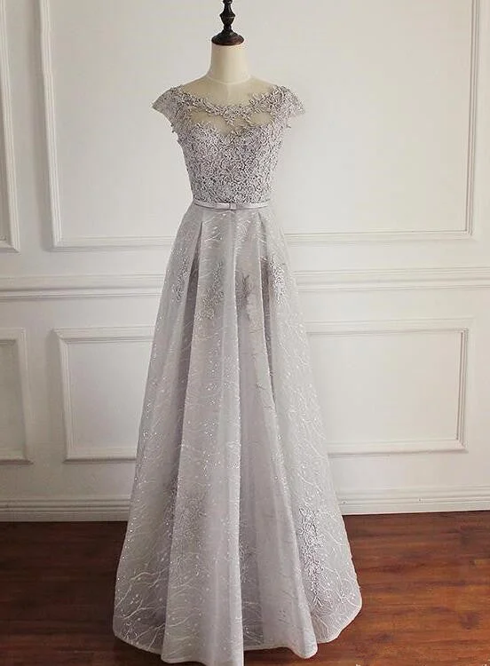Beautiful Sliver Grey Tulle Lace A-line Simple Prom Dress, Long Cap Sleeves Party Dress Tunics Mesh breathable Beautiful Sliver Grey Tulle Lace A-line Simple Prom Dress, Long Cap Sleeves Party Dress Tunics Mesh breathable