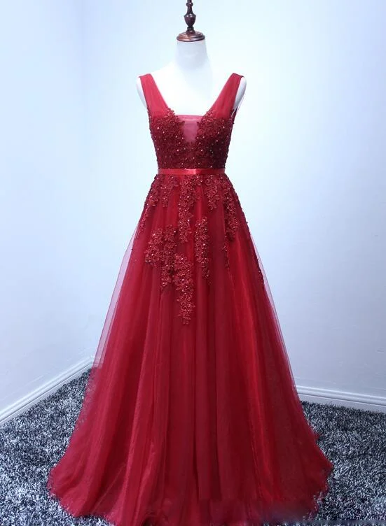 Beautiful Wine Red V-neckline Tulle Prom Dress,Charming Wedding Party Dresses Tunics Plaid country