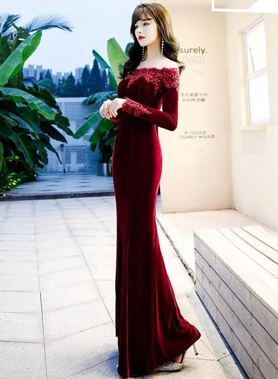 Beautiful Wine Red Velvet Mermaid Long Evening Dress Party Dress, Long Evening Dresses Tunics Spring floral