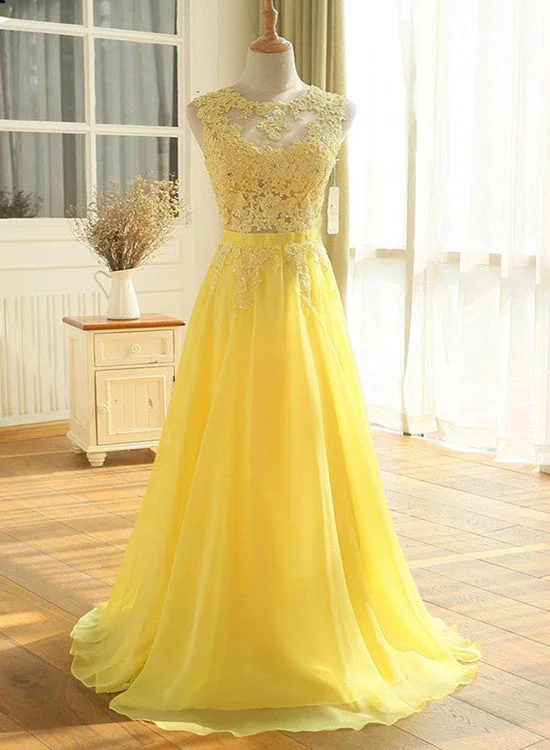 Beautiful Yellow Chiffon and Applique Long Party Dress, A-line Senior Prom Dress Tunics Lace romantic