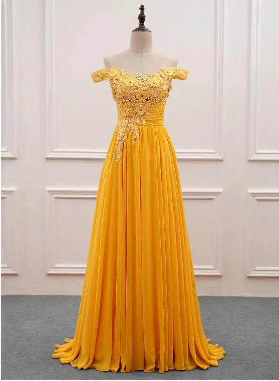 Beautiful Yellow Chiffon and Lace Off Shoulder Long Party Dress, A-line Evening Dresses Tunics Sophisticated sleek