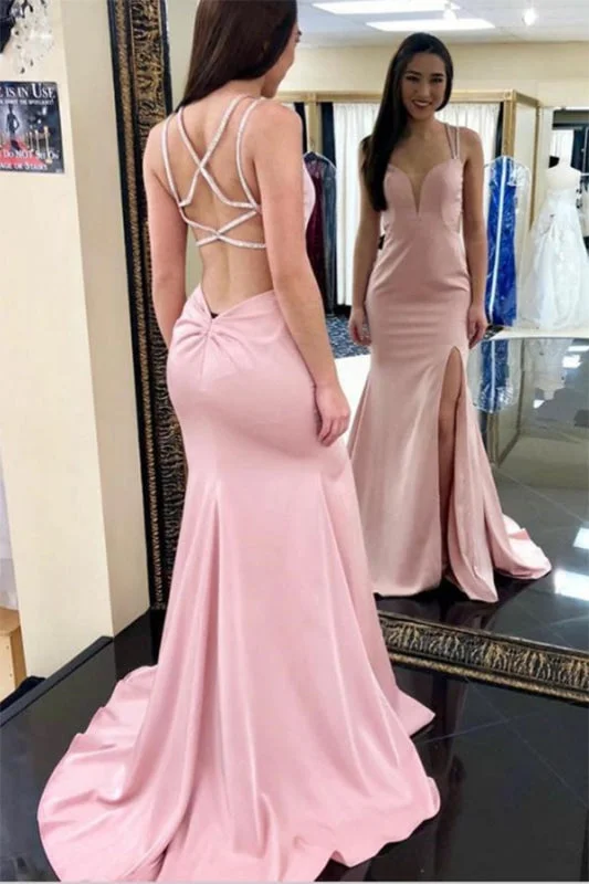 Best Affordable Precious Sexy Mermaid Pink Prom with Split Criss-Cross Back Long Evening Dress Tunics Trendy modern