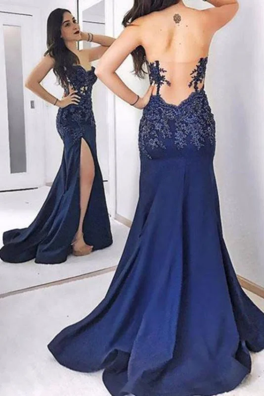 Best Fascinating Fascinating Dark Blue Strapless Long Evening Dress Sexy Sweetheart Appliqued Prom Dresses Tunics Running lightweight