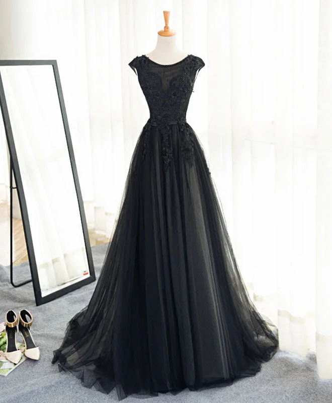 Black A Line Tulle Lace Long Prom Dress, Evening Dress Tunics Leisure comfortable