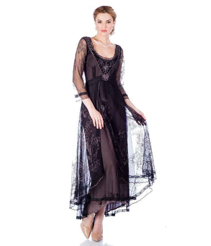 Nataya Black Embroidered Tulle Downton Abbey Edwardian Tea Party Dress Tunics Office stylish