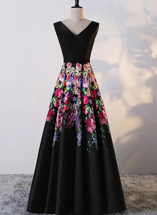 Black Floral Elegant Floor Length Party Dress , Black Satin Lace-up Formal Gown Turtleneck Neckline Stylish