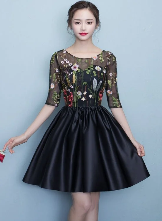 Black Floral Lace Short Sleeves Homeocming Dress, Back Party Dress Wedding Party Dress Tunics Business professional