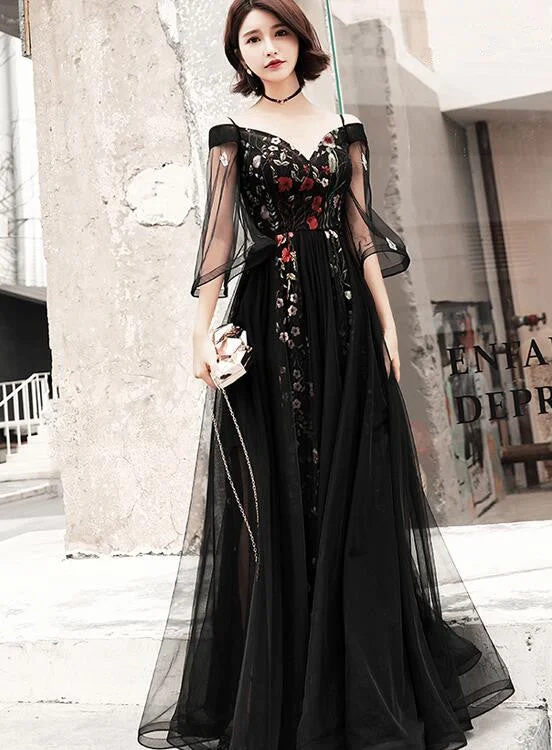 Black Floral Off Shoulder Floor Length Party Dress, Black Tulle Prom Dress Formal Dress Tunics Silk luxurious