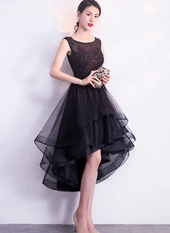 Black High Low Tulle Round Neckline Lace Homecoming Dress, Black Short Party Dress Prom Dress Turtleneck Warm Winter