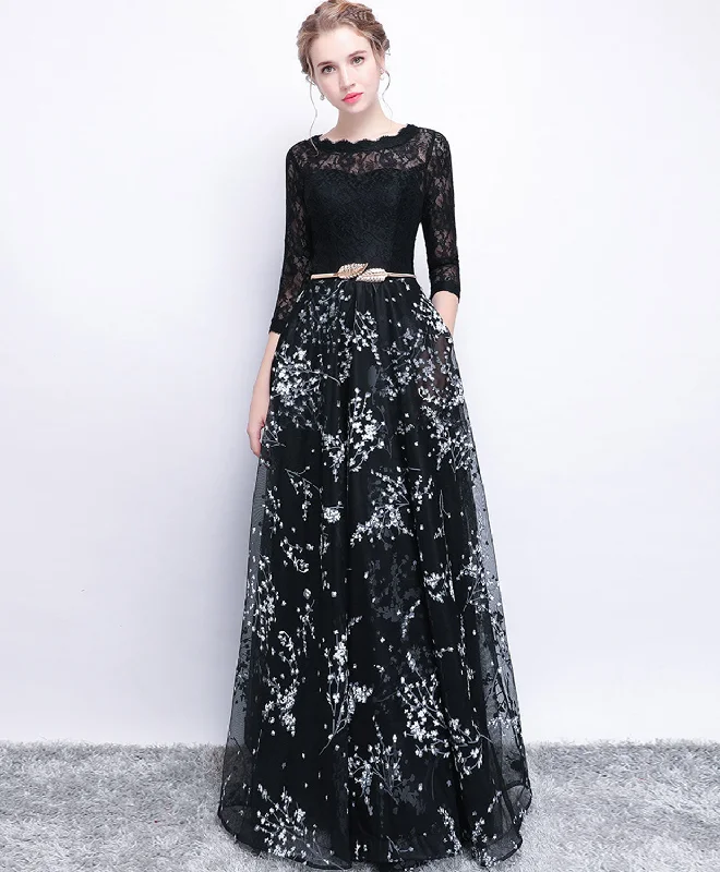 Black Lace Long Prom Dress, Long Sleeve Evening Party Dress Tunics Plaid country