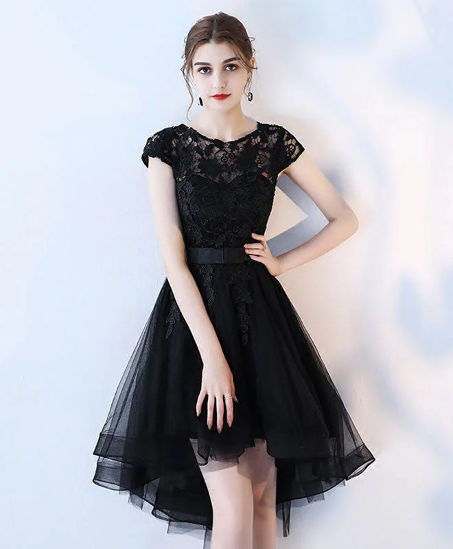 Black Lace Short Prom Dress, Hight Low Evening Dress Tunics Lace romantic