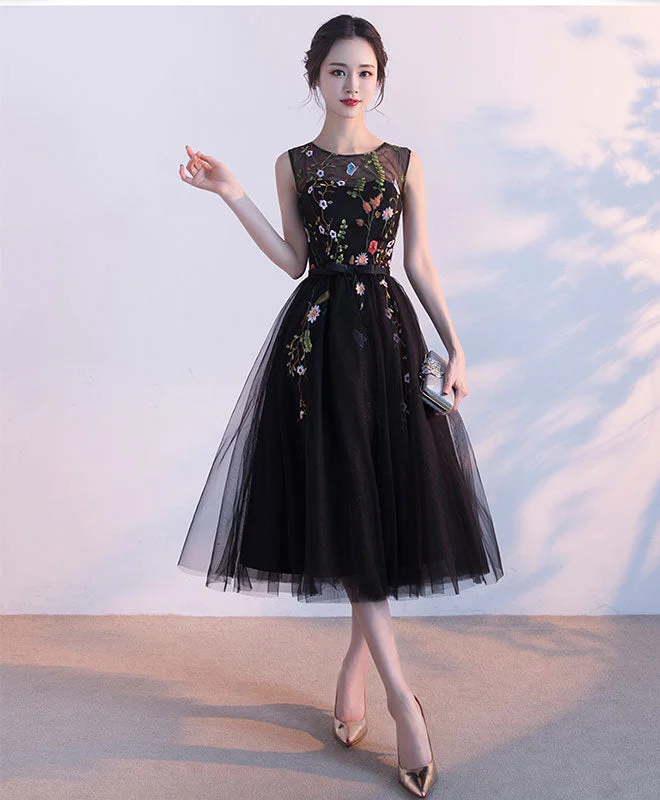 Black Round Neck Lace Tulle Short Prom Dress, Black Evening Dress Pencil Length Work