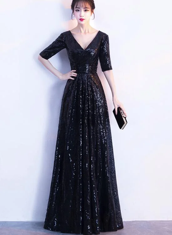 Black Sequins Floor Length 1/2 Sleeves Wedding Party Dress, Sequins Bridesmaid Dress Turtleneck Neckline Stylish