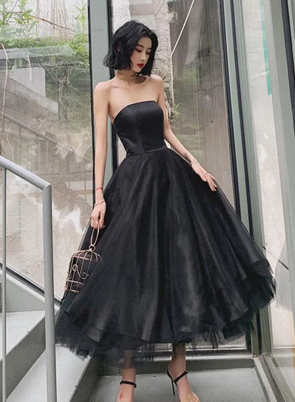 Black Tea Length Scoop Simple Tulle Homecoming Dress, Black Party Dresses Prom Dress Off-the-shoulder Bohemian Festive