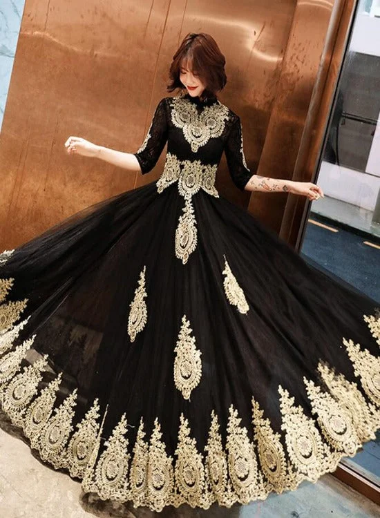 Black Tulle 1/2 Sleeves with Gold Lace Applique Party Dress, Charming Black Evening Dress Prom Dress Tunics Top Casual