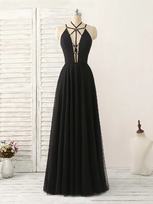 Black Tulle Backless Long Prom Dress, Black Evening Dress Tunics Chic elegant