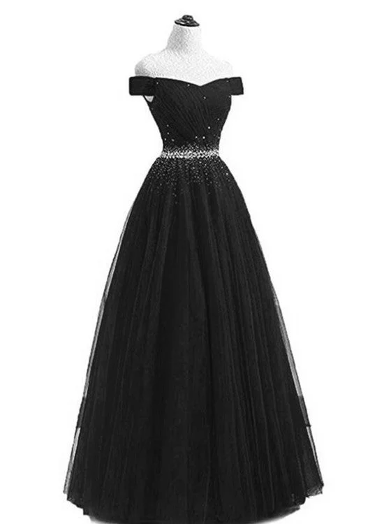 Black Tulle Bridesmaid Dress, Beaded Prom Dress , Black Party Dress, Lace-up Back Prom Dress Tunics Polka dots