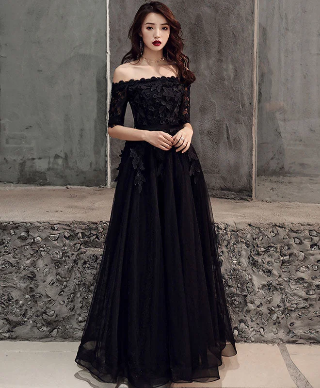 Black Tulle Lace Long Prom Dress, Black Tulle Evening Dress Tunics Modern contemporary