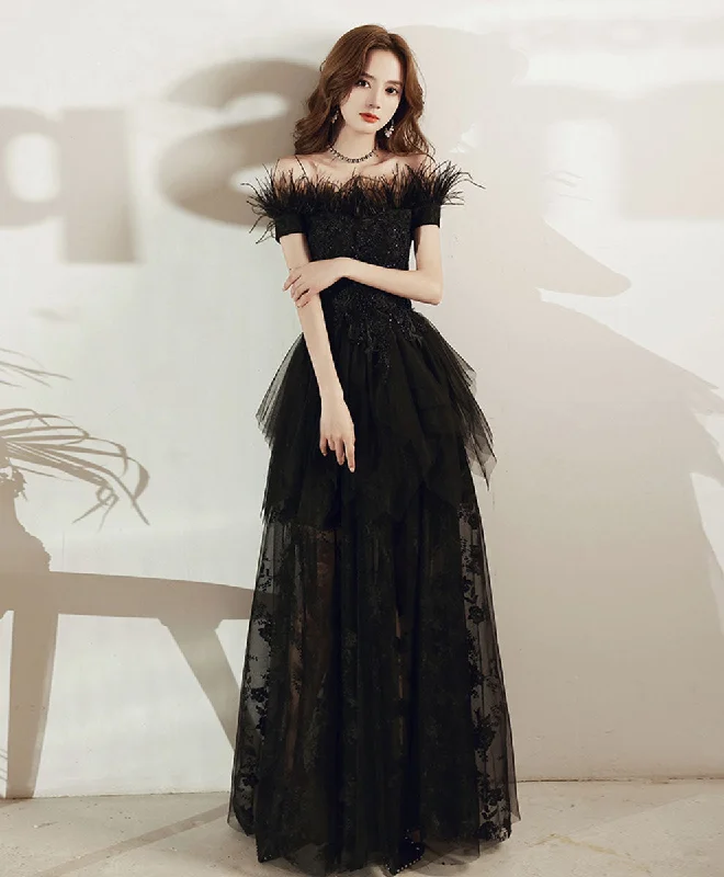 Black Tulle Lace Long Prom Dress, Black Formal Lace Evening Dress Tunics Modern contemporary