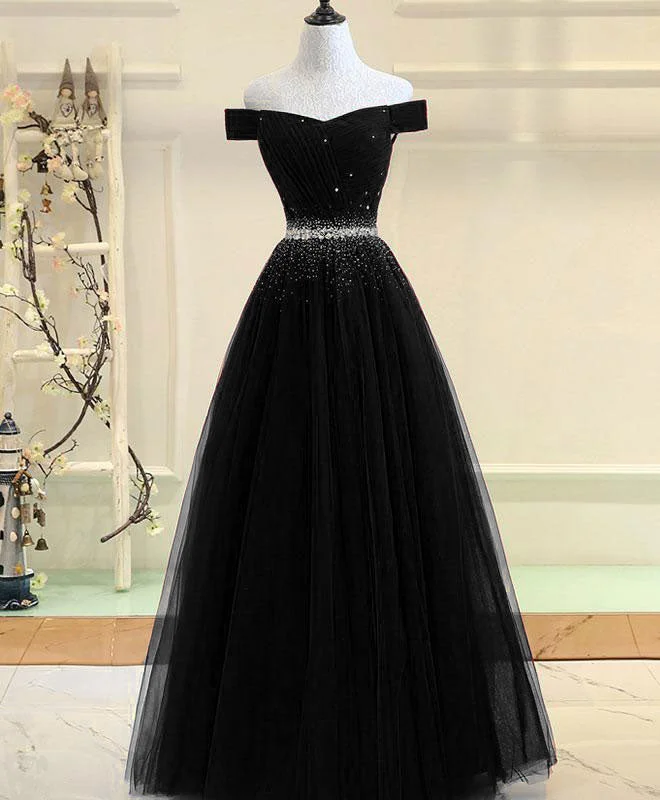 Black Tulle Sequin Long Prom Dress, Black Tulle Evening Dress Tunics Floral girly