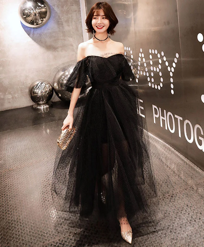 Black Tulle Tea Length Prom Dress, Black Evening Dress A-Line Day Work