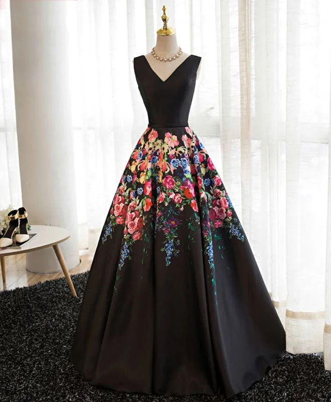 Black V Neck Floral Patterns Long Prom Dress, Black Evening Dress Cowl Neckline Elegant Black V Neck Floral Patterns Long Prom Dress, Black Evening Dress Cowl Neckline Elegant