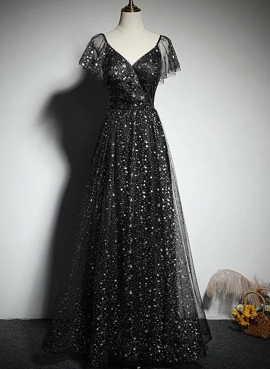 Black V-neckline Cap Sleeves Floor Length Party Dress, Black A-line Evening Dress Formal Dresses Tunics Timeless classic
