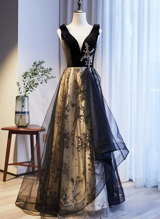 Black V-neckline Velvet and Tulle New Style Prom Dress, Black Party Dress Evening Dresss Chiffon Maxi Beach
