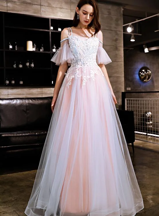 Blue and Pink Off Shoulder Floor Length with Lace Applique Party Dress, Pink Formal Dress Prom Dress Tunics Cozy comfortable