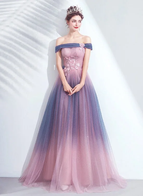 Blue and Pink Tulle Shiny Gradient Off Shoulder Party Dress, A-line Long Formal Evening Dress Tunics Versatile functional