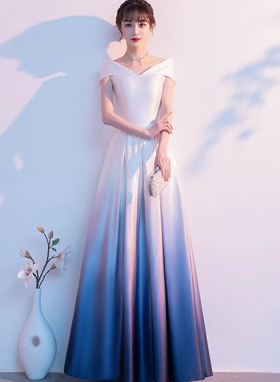 Blue and White Gradient Satin A-line Bridesmaid Dress, Off Shoulder Long Evening Dress Bodycon Fitted Nightout