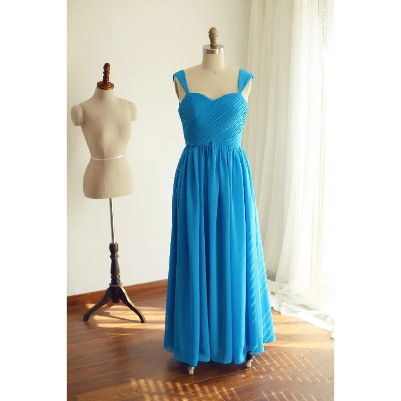 Blue Chiffon Straps Floor Length Wedding Party Dress, Beautiful Handmade Formal Gown Tunics Exclusive limited