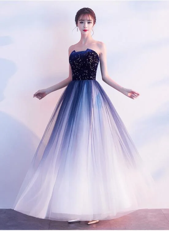 Blue Gradient Tulle Simple A-line Party Dress, Blue Gradient Formal Dress Evening Dress Tunics Distressed trendy