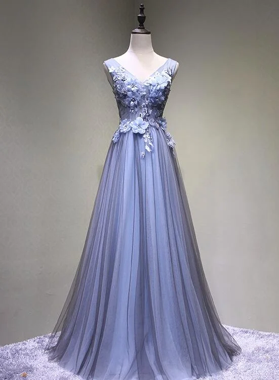 Blue-Grey V-neckline Floral Tulle Long Party Dress, Charming Formal Gown High-Low Hemline Casual